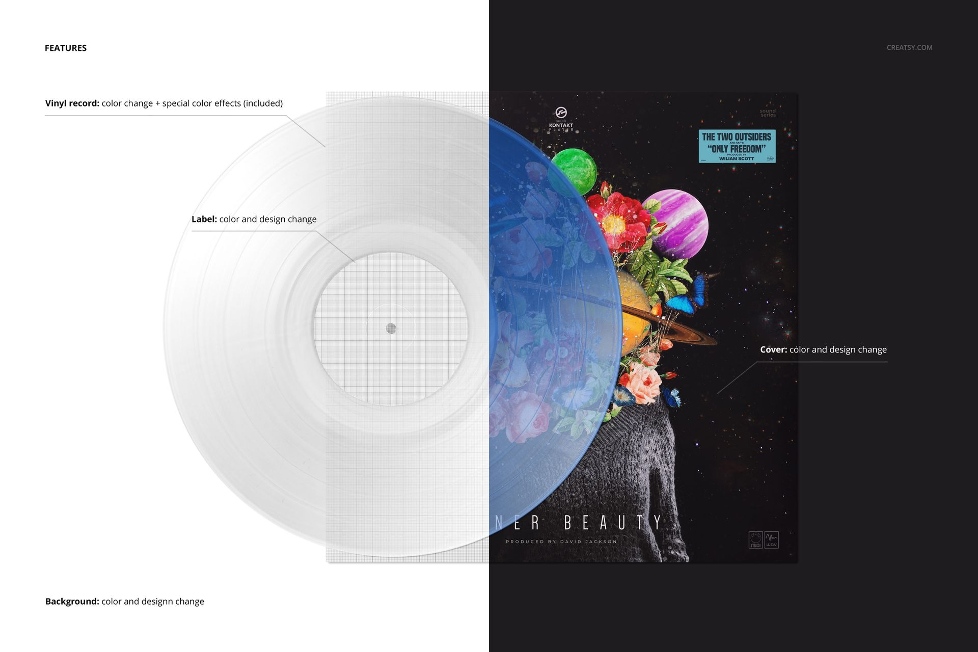 Top view of a translucent colored vinyl record with a detailed cover mockup, set against a split black and white background.