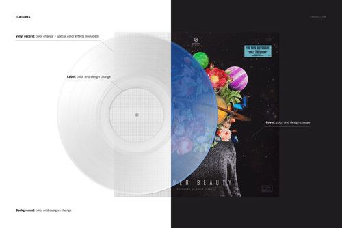 Top view of a translucent colored vinyl record with a detailed cover mockup, set against a split black and white background.