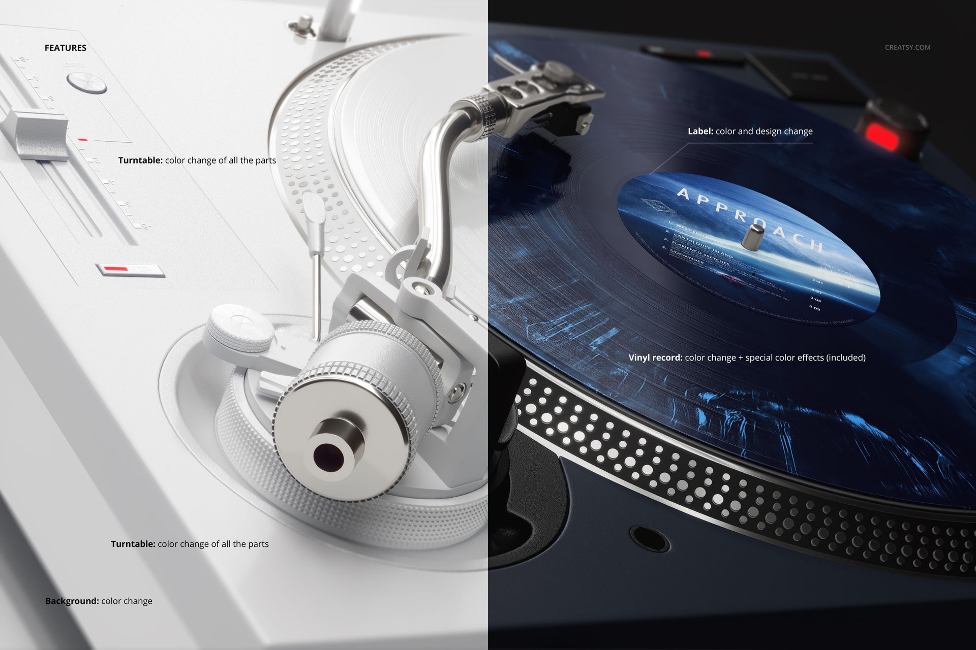 Vinyl record and DJ turntable mockup shown from above, highlighting customizable parts and realistic textures in two versions.