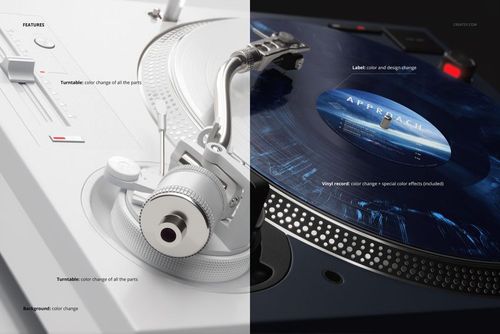 Vinyl record and DJ turntable mockup shown from above, highlighting customizable parts and realistic textures in two versions.