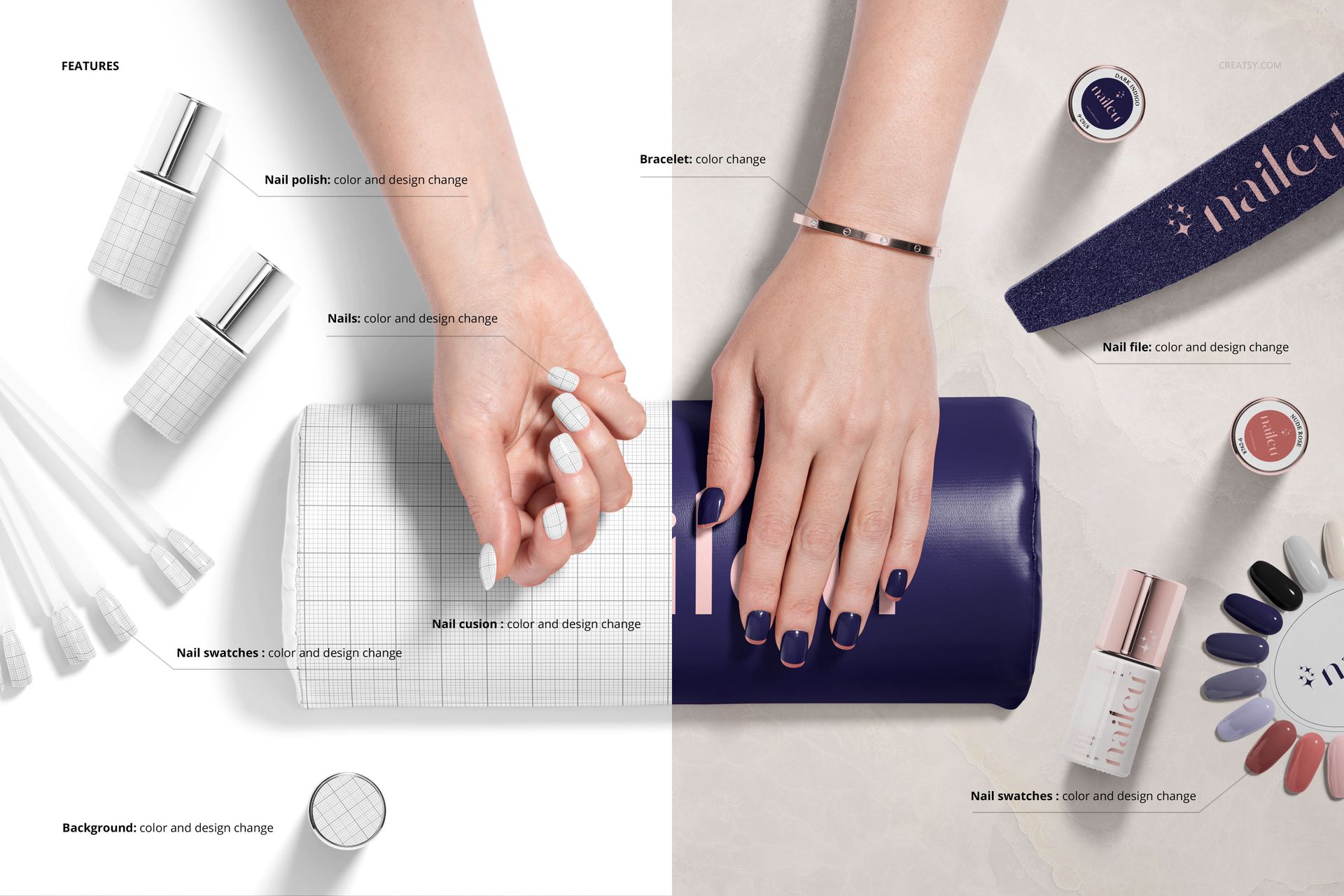 Hybrid nail polish mockup set featuring bottles, nail swatches, and hands with manicured nails on a split background.