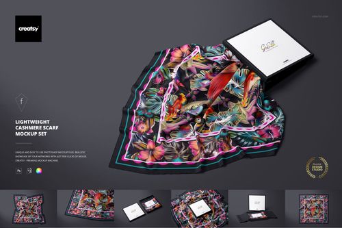 Lightweight cashmere scarf mockup featuring a colorful botanical and bird design, shown with packaging and card.