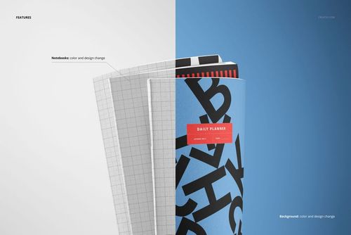 Closeup view of three notebooks mockup, featuring different cover designs and colors against a split white and blue background.