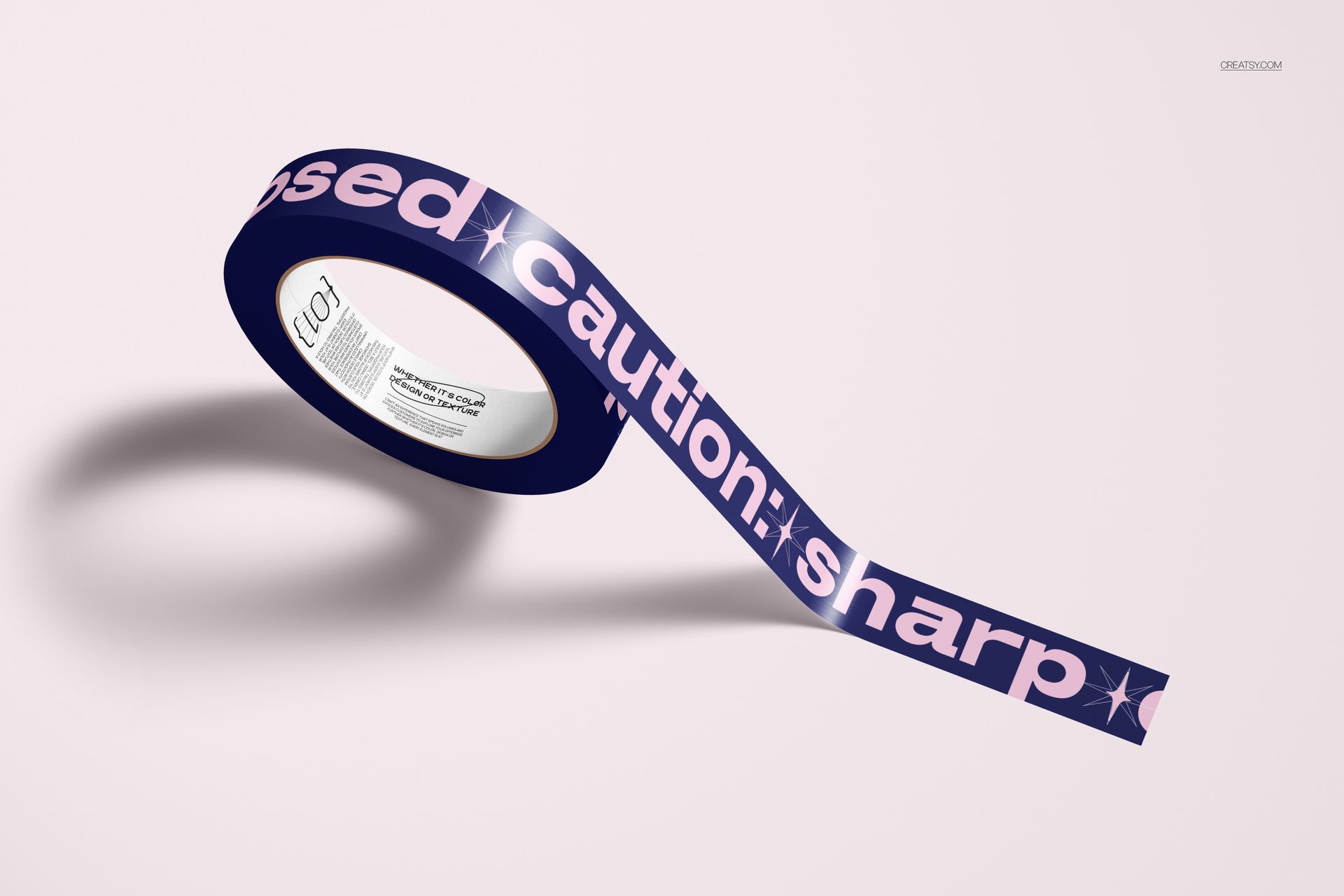 PSD mockup of a non-transparent narrow duct tape roll featuring bold warning text, displayed in a minimal scene.
