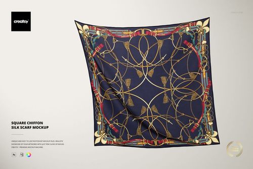 Square chiffon silk scarf with a navy blue background, gold chain and tassel pattern, displayed in a front view mockup.