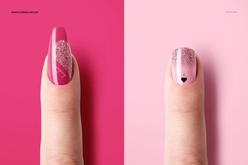 PSD mockup of two fingernails with pink and sparkly nail art, displayed on a vibrant pink split background.