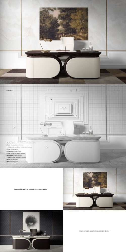 PSD mockup showing a contemporary console table, wall art canvas, and patterned floor in a stylish interior setting.