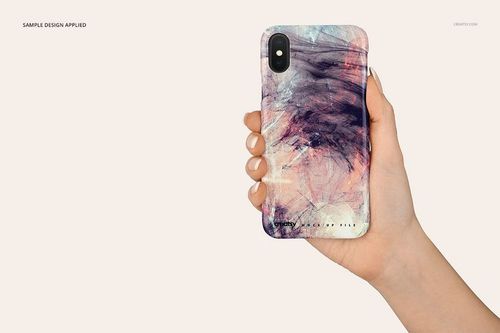 iPhone X case mockup held in a hand, showcasing a swirling abstract design in purple, pink, and blue tones.
