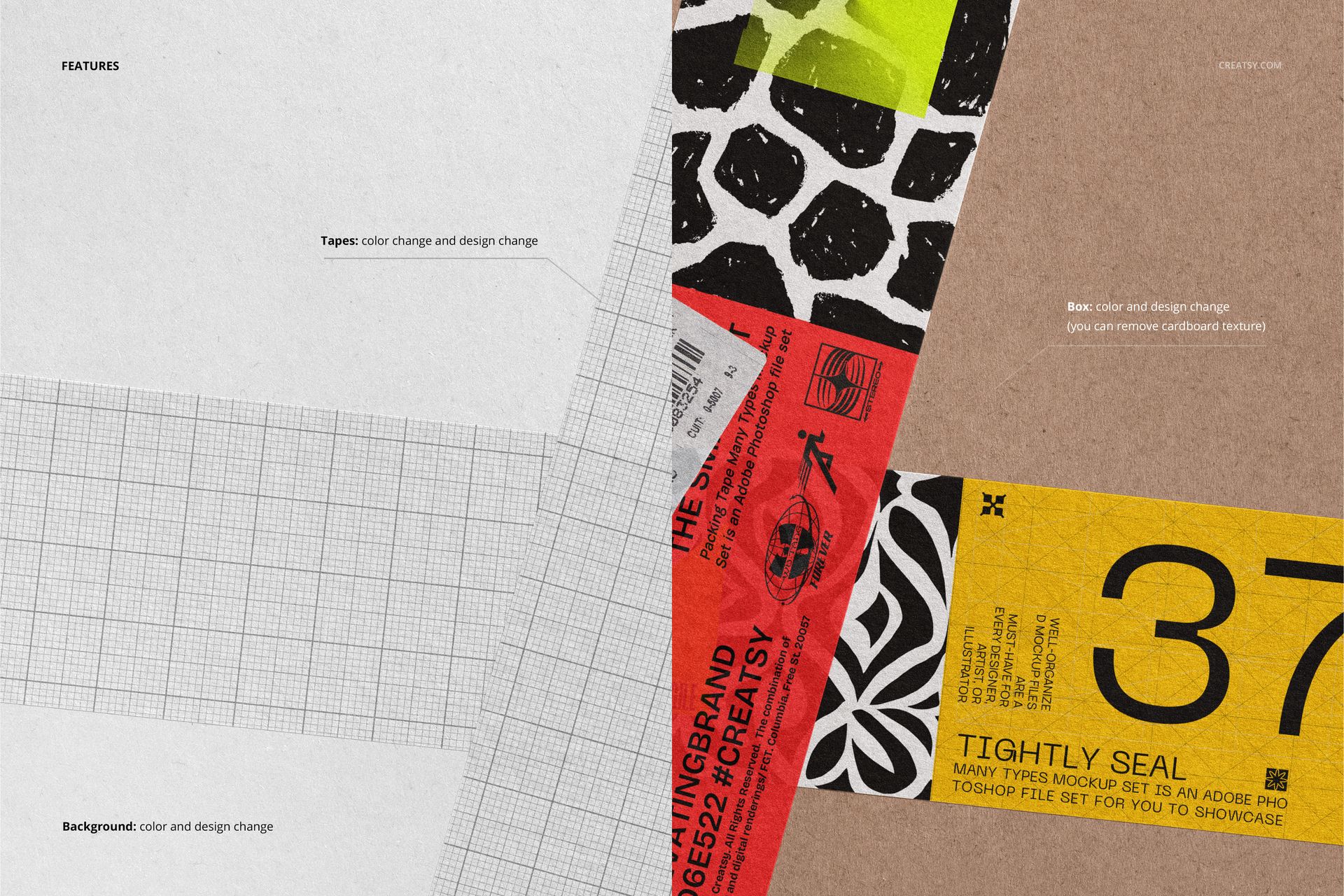Packaging tape mockup featuring various paper tapes with colorful designs on a kraft paper background, top view.