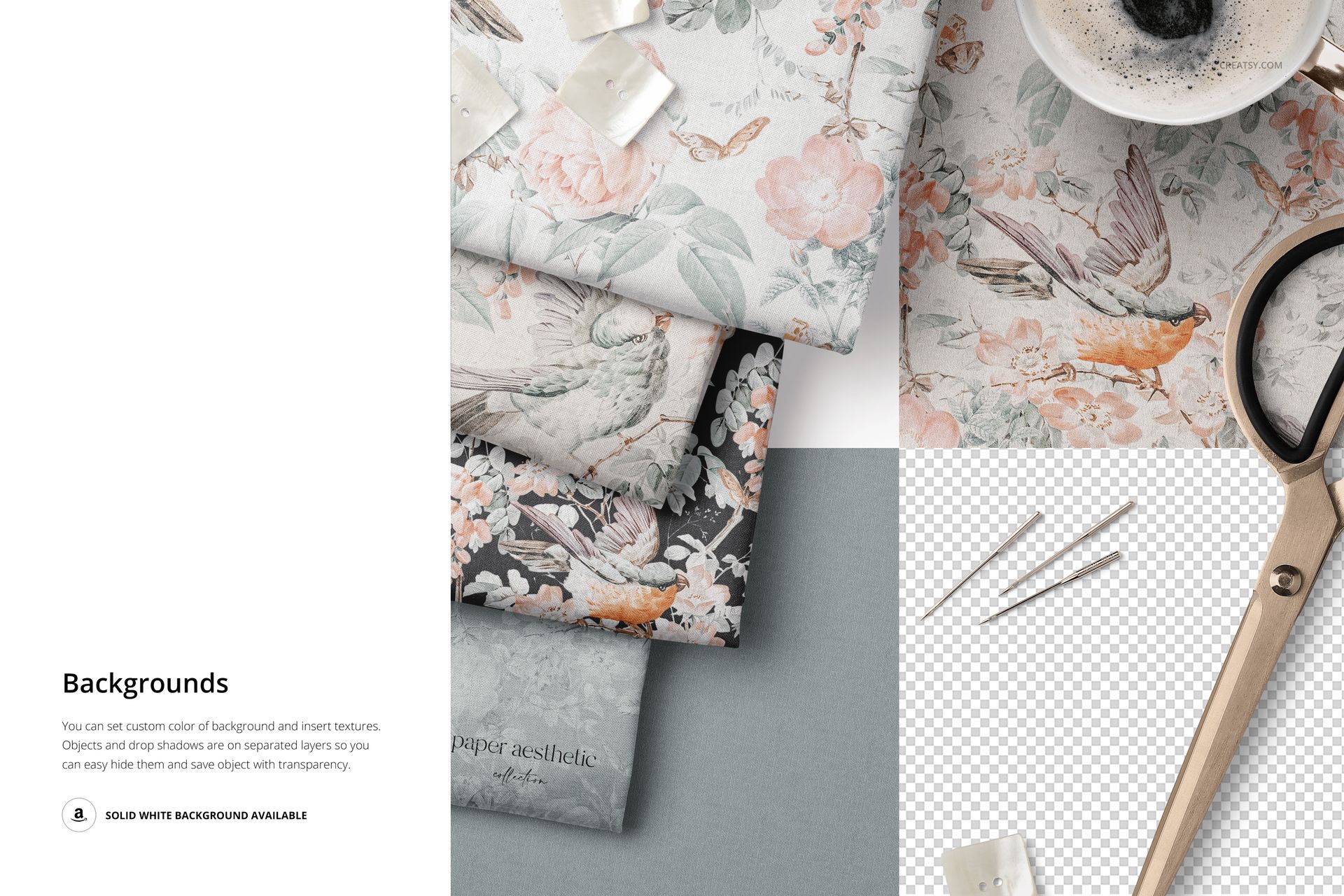 Folded fabric pieces with floral and bird patterns in pastel and dark tones, shown from a top view with sewing props.