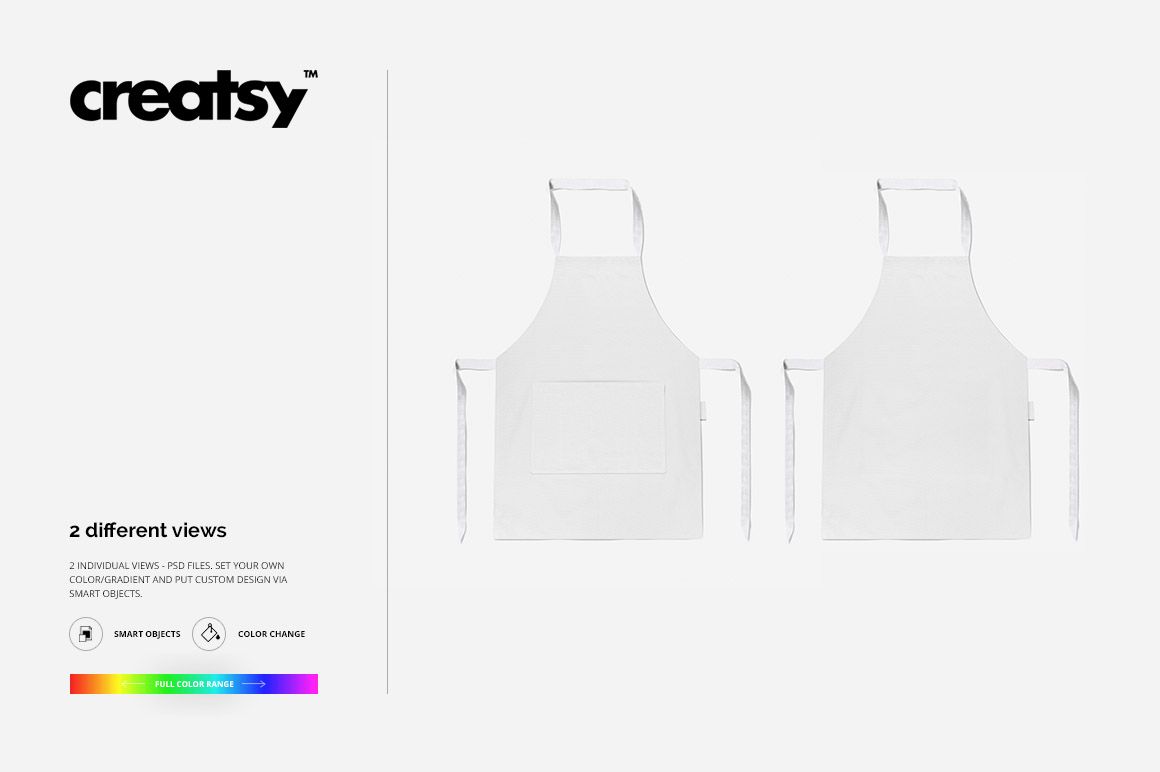 Apron mockup set featuring two blank white aprons with neck and waist straps, presented in a top-down view.