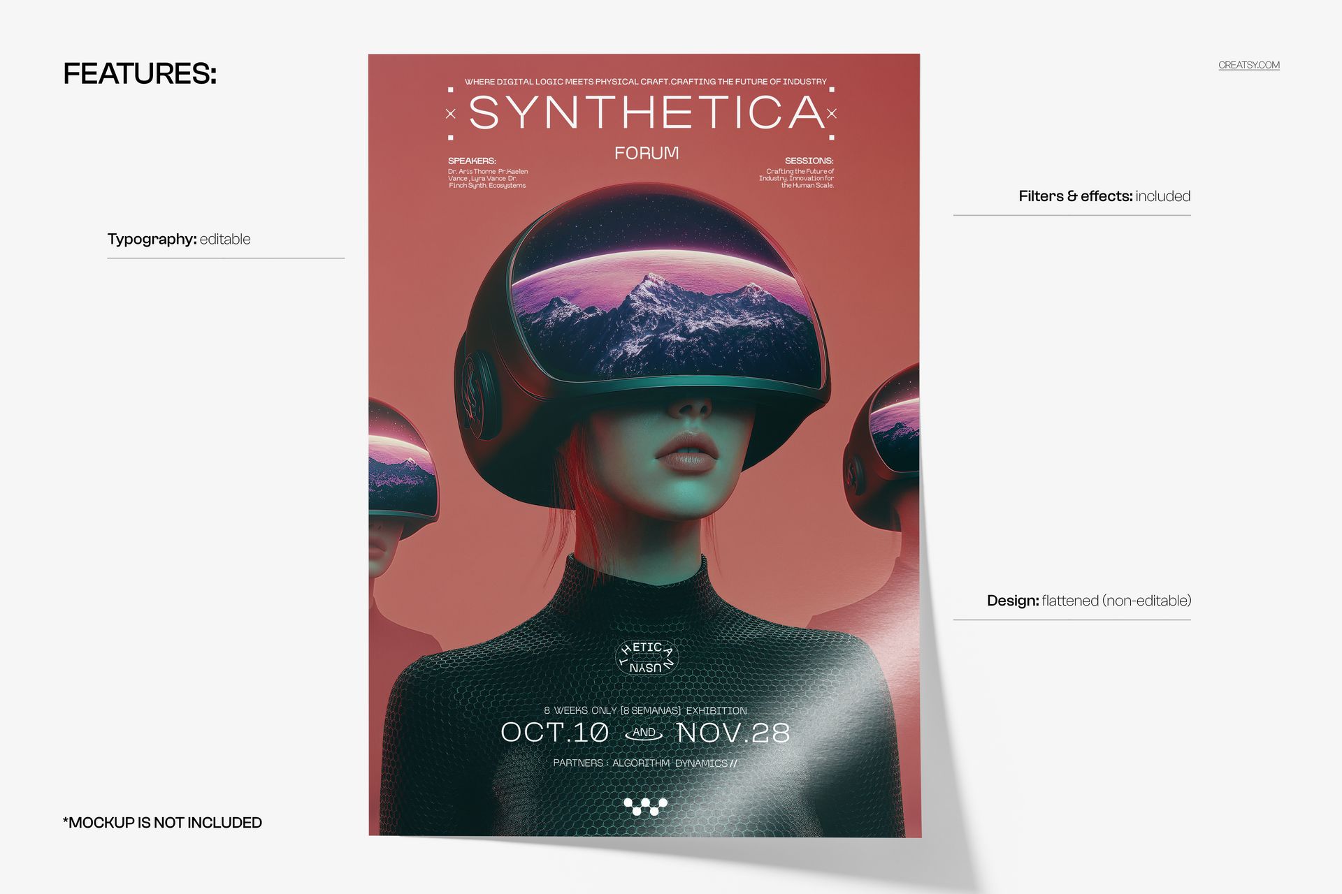 Front view of a digital evolution poster mockup featuring futuristic figures in helmets with mountain reflections on a pink background.