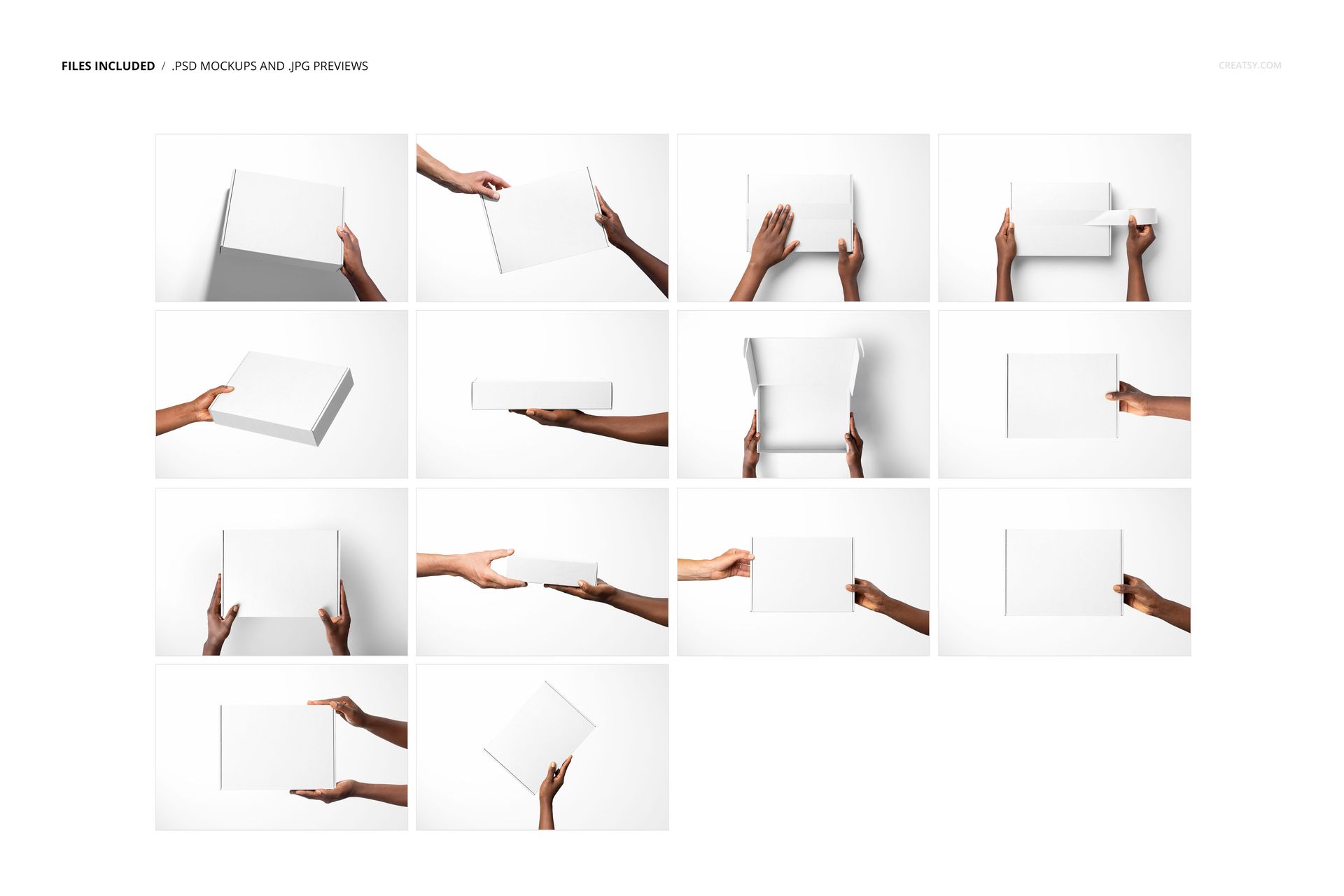 Set of mockup images featuring a blank mailing box in different hand positions and perspectives on a white surface.