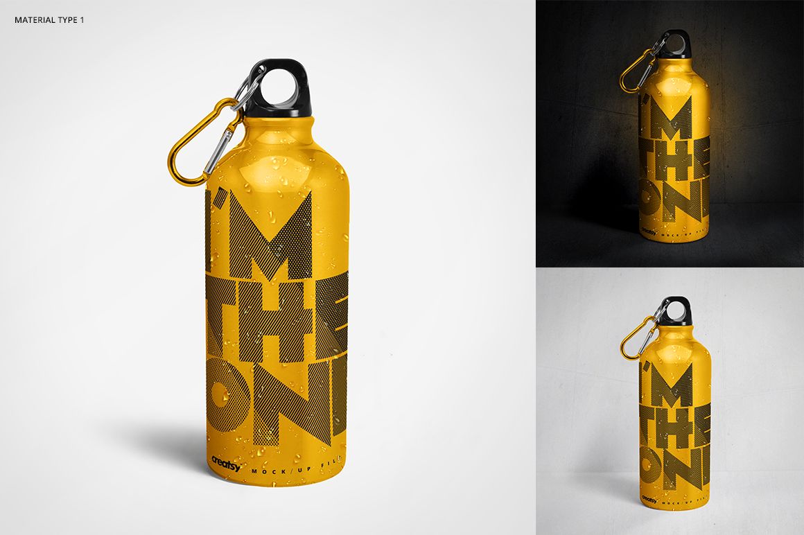 Aluminum water bottle mockup with bold yellow color and large black text, shown from the front with water drops.