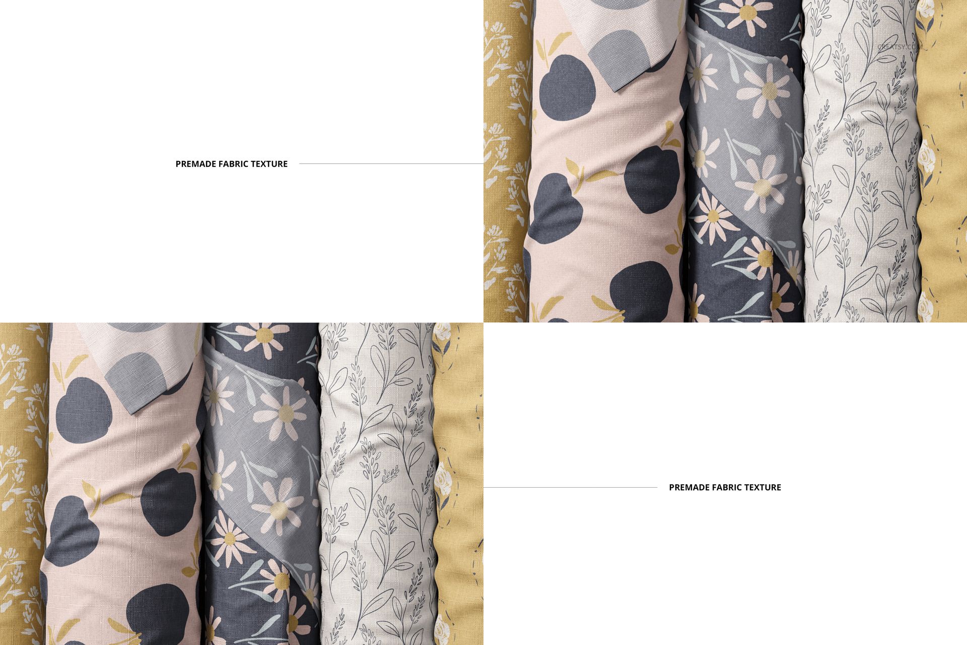 Front view of fabric rolls mockup featuring botanical prints in soft yellow, blush pink, and slate gray colors.