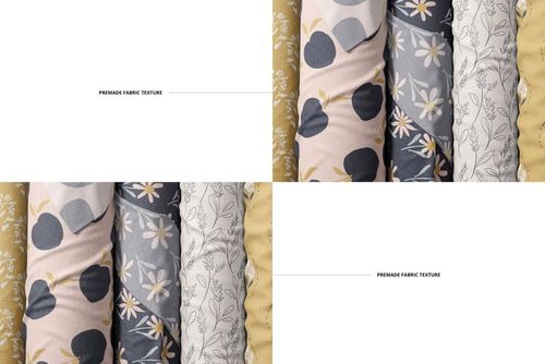 Front view of fabric rolls mockup featuring botanical prints in soft yellow, blush pink, and slate gray colors.