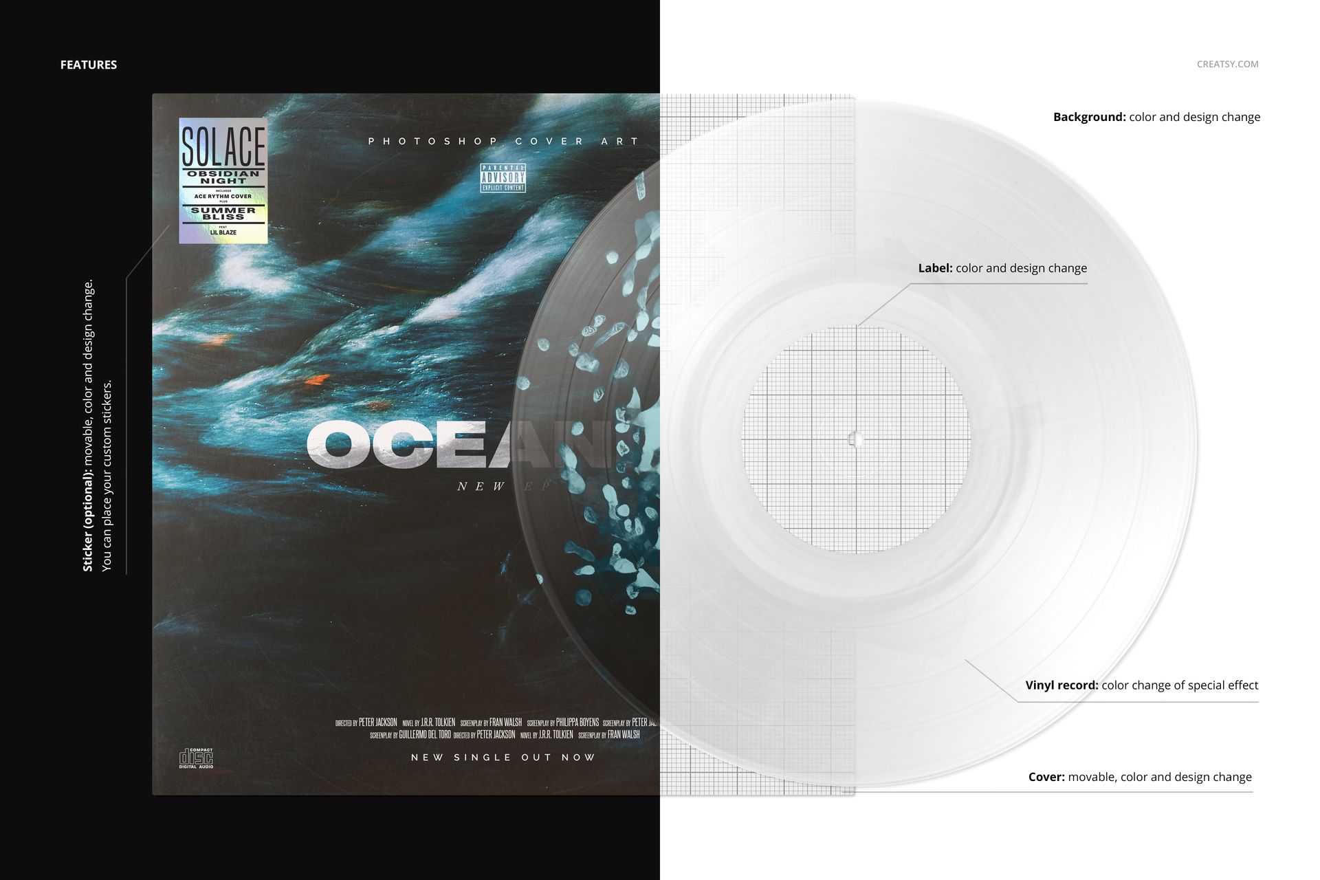 Vinyl record and cover mockup showing a transparent disc and ocean-inspired artwork, displayed from a top perspective.