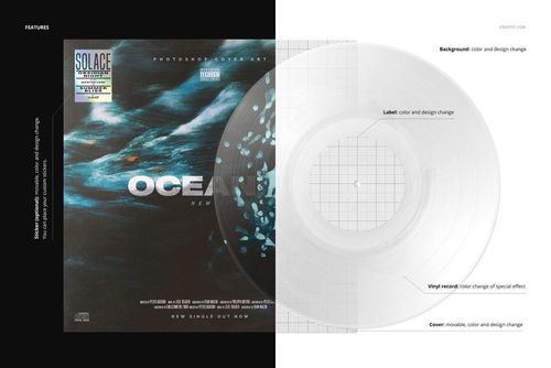 Vinyl record and cover mockup showing a transparent disc and ocean-inspired artwork, displayed from a top perspective.