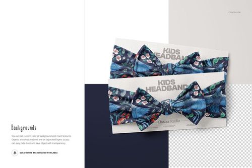 Front view of two kids adjustable bow tie style headbands with blue floral and leaf patterns on a PSD mockup card.
