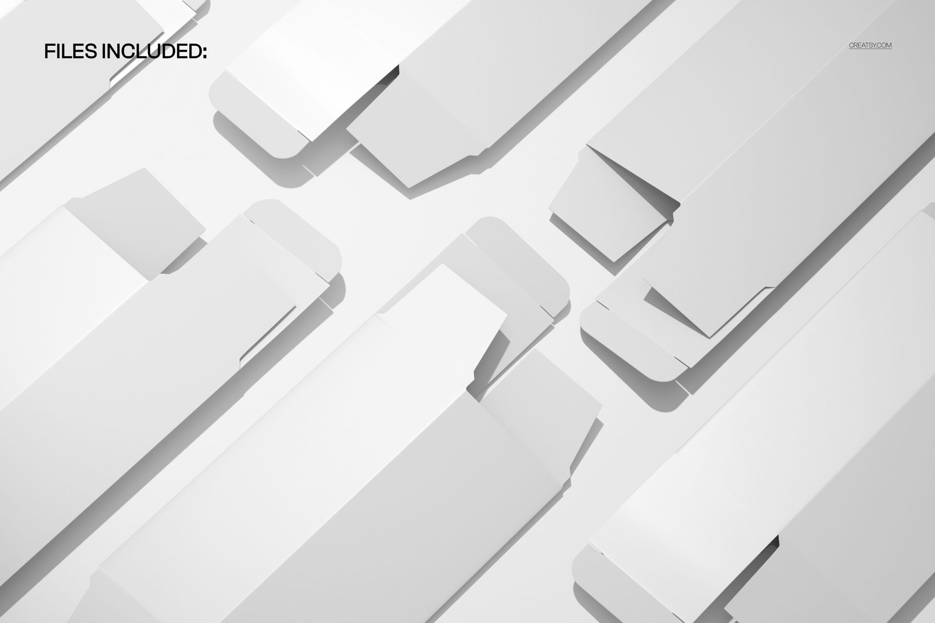 PSD mockup featuring a collection of white rectangular packaging boxes spread out on a plain, light surface.