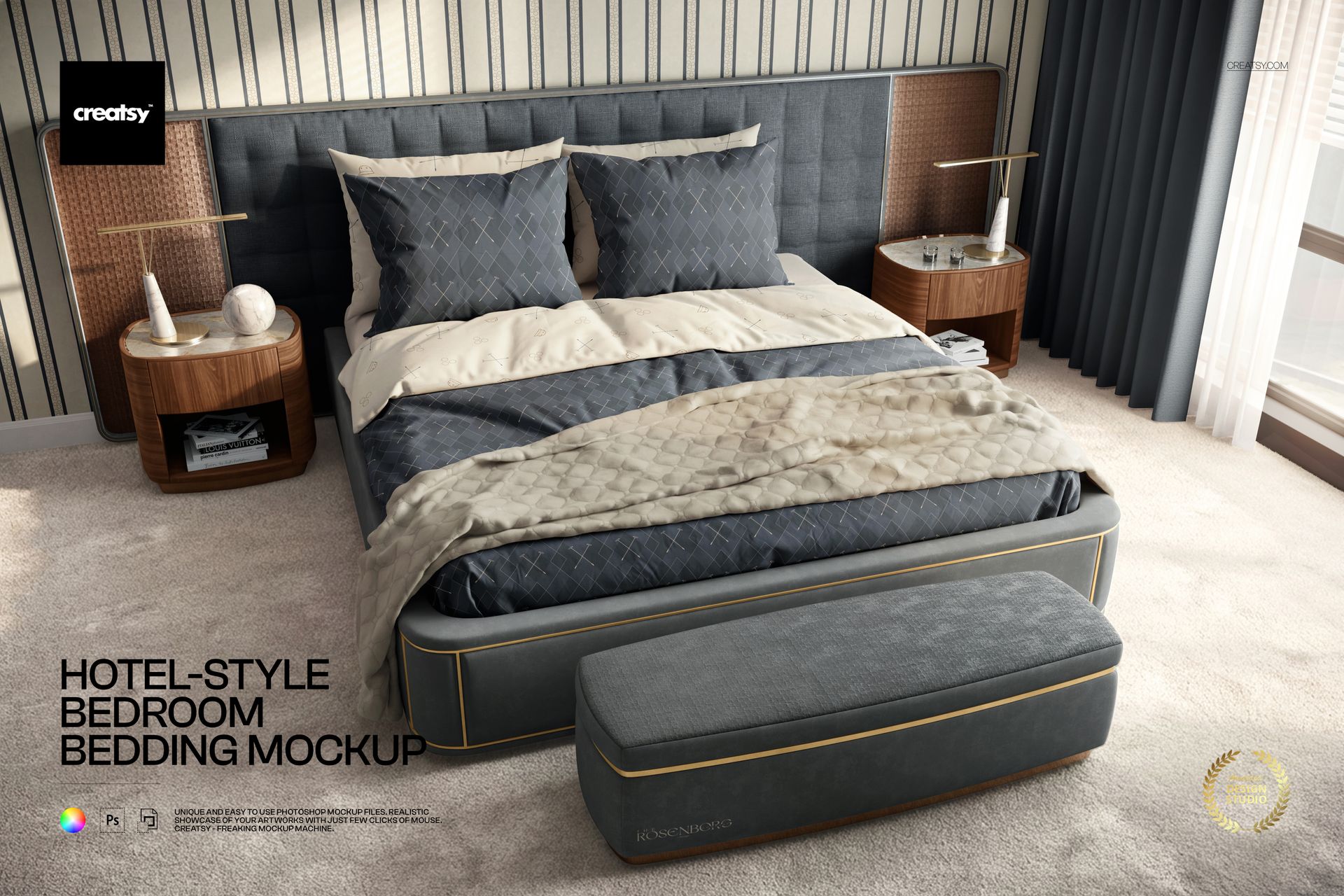 Modern hotel-style bedroom bedding mockup with gray and beige quilt, pillows, and upholstered headboard, front view.