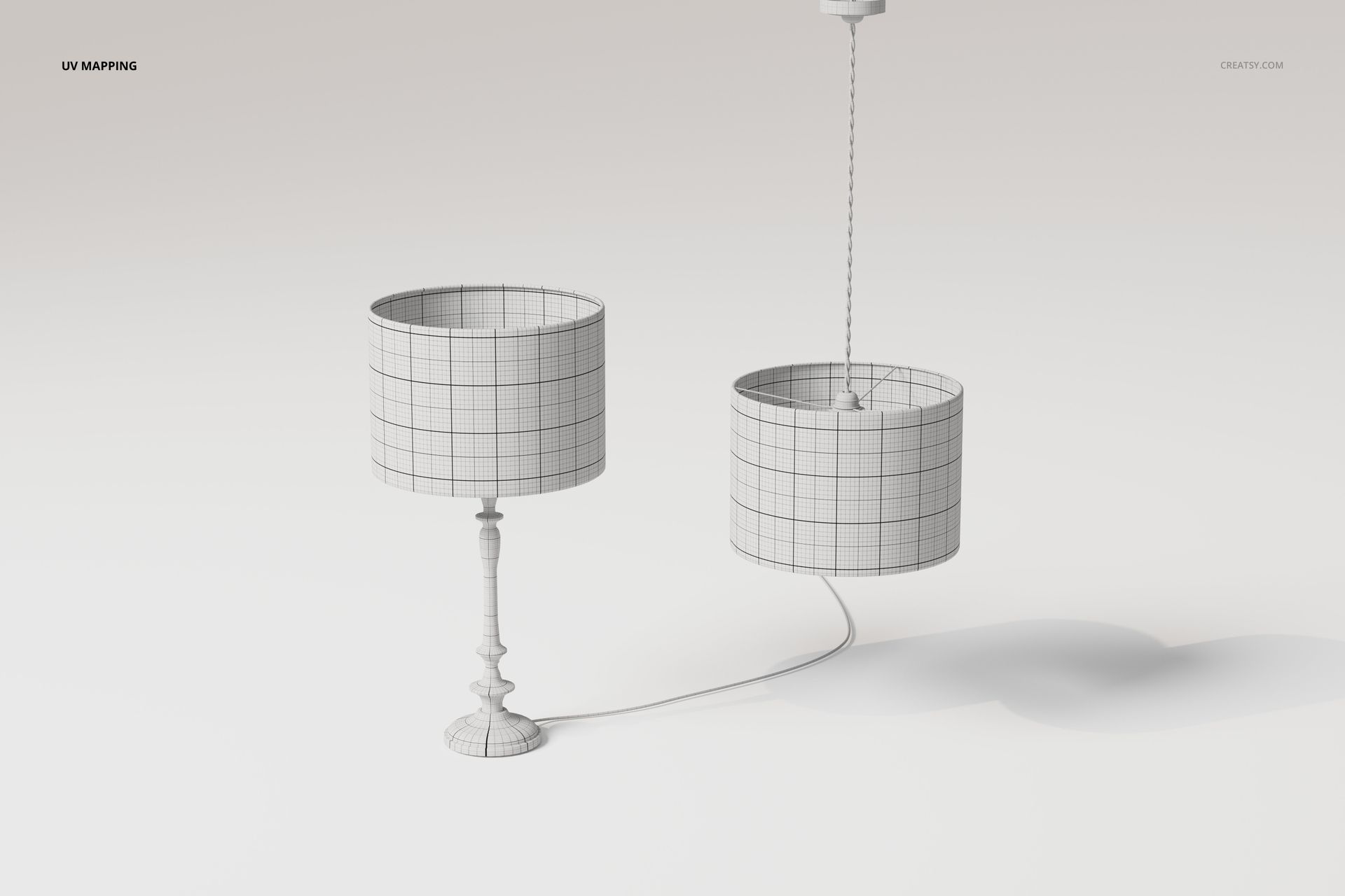 Front view of two cylindrical drum shade lamps with a grid pattern, one table lamp and one pendant lamp on a plain background.