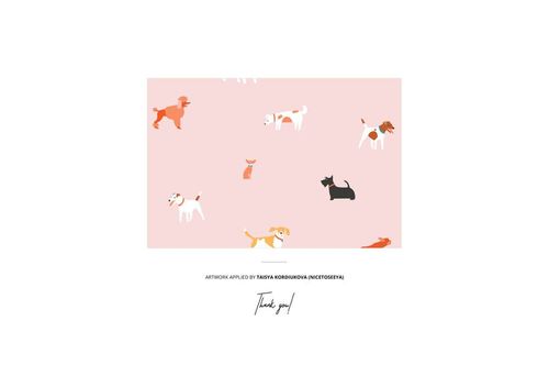 Rectangular pet door mat mockup with playful dog illustrations on a soft pink background, shown from above.