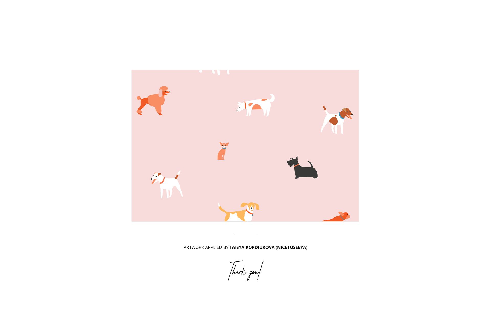 Rectangular pet door mat mockup with playful dog illustrations on a soft pink background, shown from above.