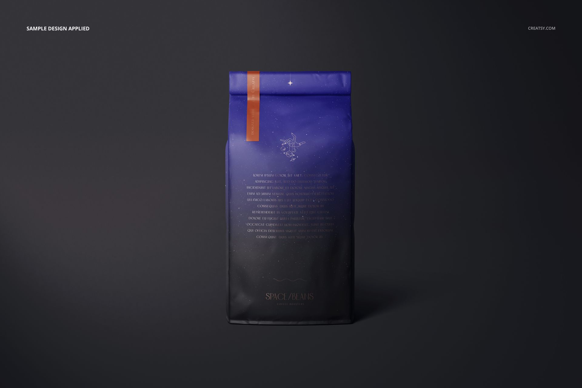 Matte finish coffee bag mockup standing upright on a dark surface, featuring a blue and orange design on the front.
