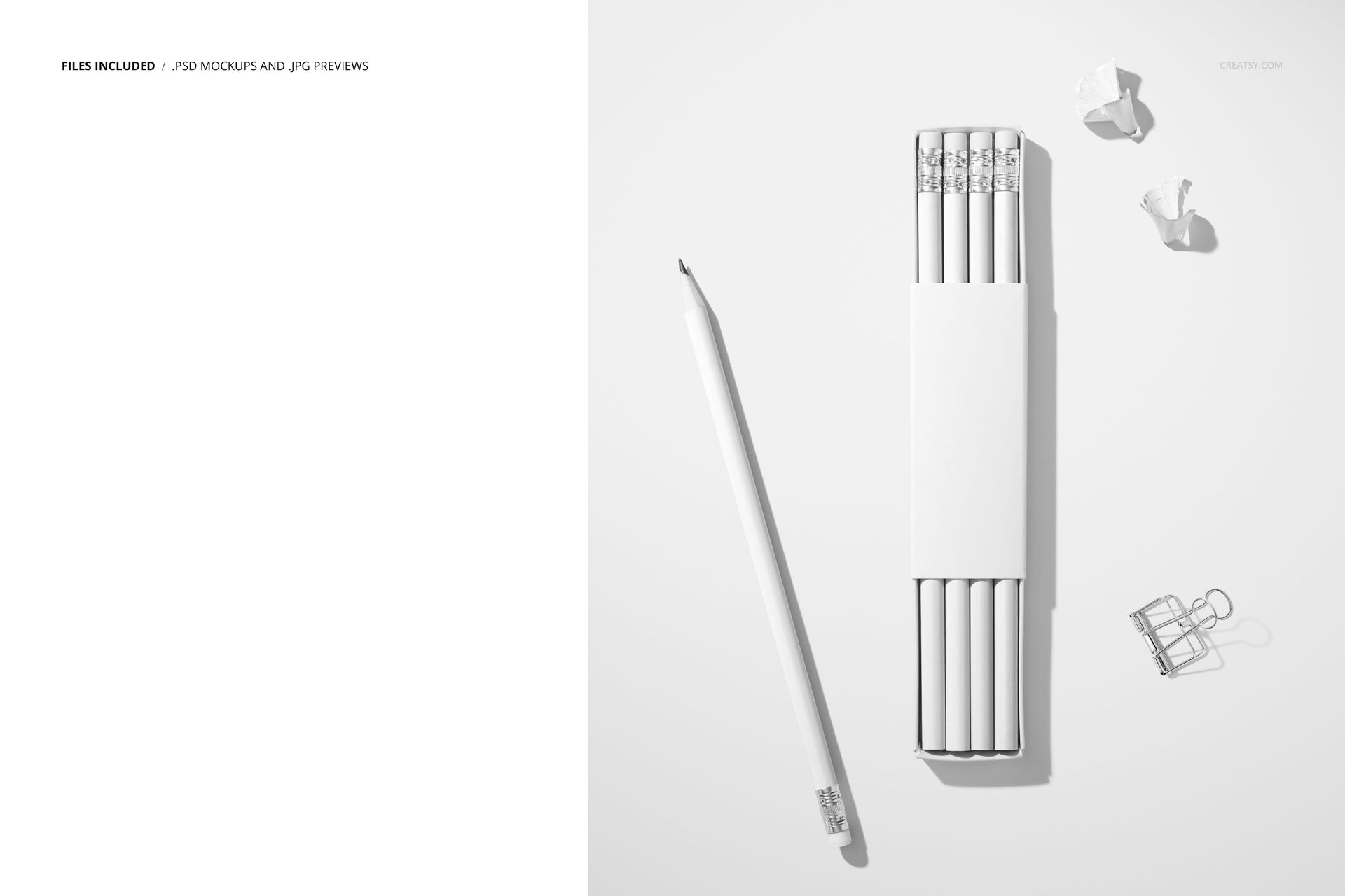 Front view of a paper pencil box mockup with white pencils arranged neatly, shown on a clean white background.