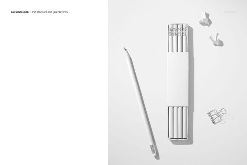 Front view of a paper pencil box mockup with white pencils arranged neatly, shown on a clean white background.