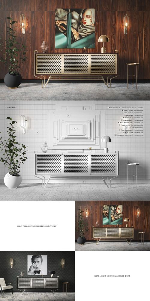 Mockup showing a minimalist interior with a textured sideboard, large canvas prints, and potted plants on a wood wall.