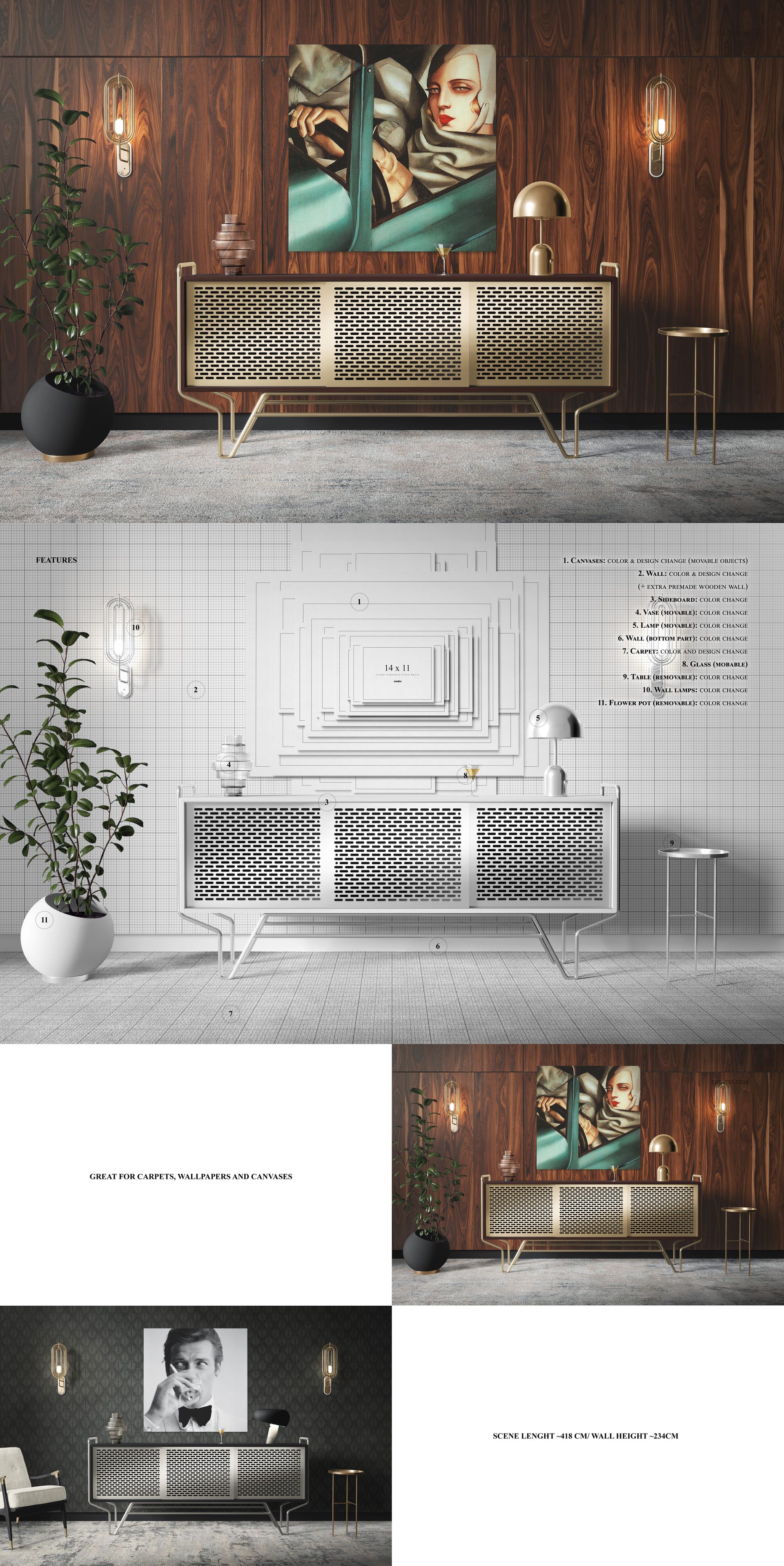 Mockup showing a minimalist interior with a textured sideboard, large canvas prints, and potted plants on a wood wall.