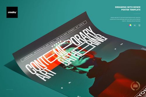 Front view of a contemporary art poster mockup featuring a stylized portrait with bold text and teal accents.