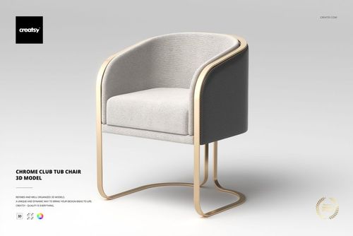 Modern tub chair with light gray seat, curved backrest, and gold chrome frame, shown from a front angle on a plain background.