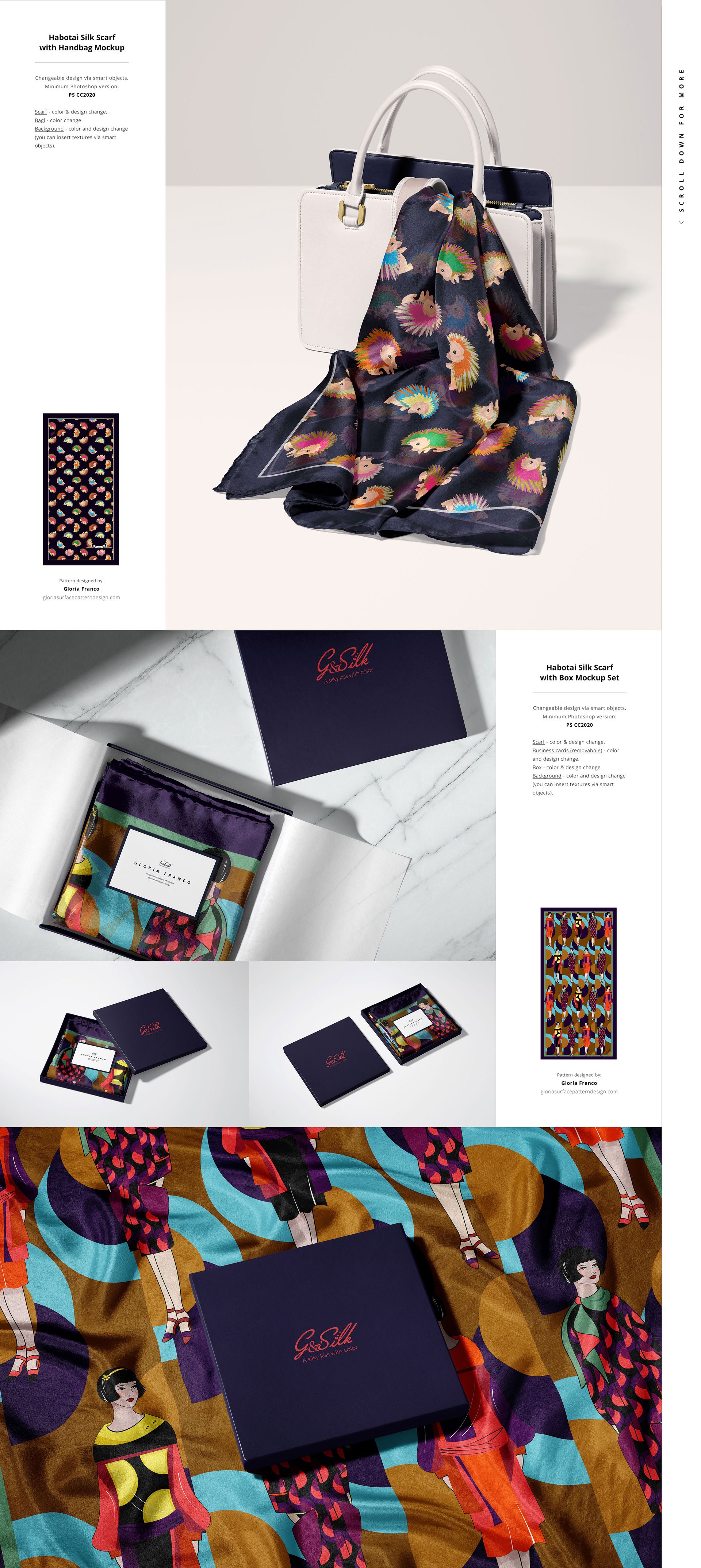 Silk scarf mockup featuring a vibrant multicolored design shown with a handbag and in a gift box setting.