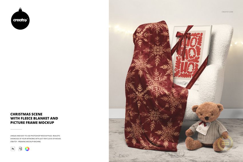 Front view of a Christmas scene featuring a red fleece blanket with gold snowflake patterns draped over a white armchair, next to a picture frame mockup.