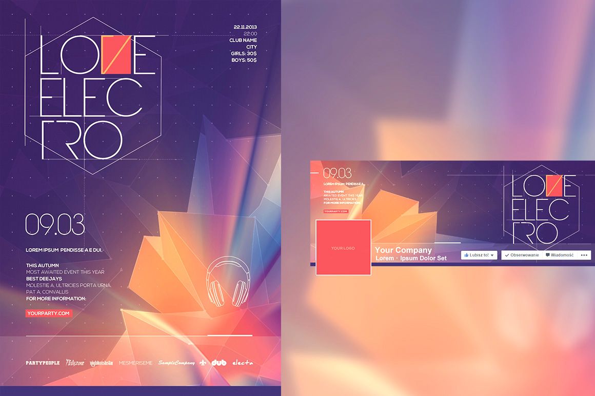 Electro Love poster and Facebook cover mockup featuring abstract geometric backgrounds and large modern typography.