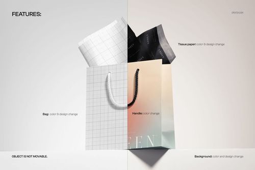 PSD mockup of a shopping bag with grid-patterned tissue paper and color-customizable handle on a ledge, studio background.