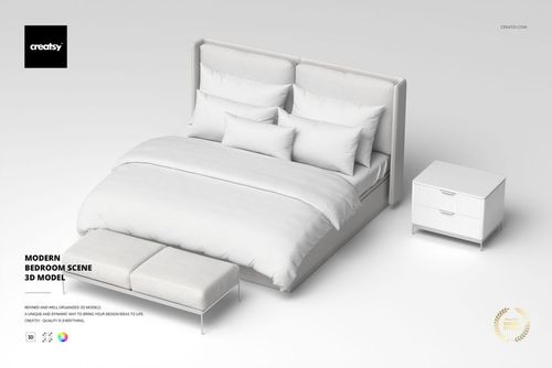 Minimalist bedroom furniture set including a large upholstered bed, bench, and nightstand in white tones, front view.