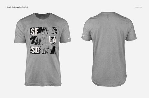 Men's t-shirt mockup showing both front and back sides, featuring a gray color and bold graphic print on the front.