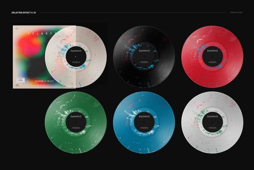 PSD mockup showing six different colored vinyl records with splatter effects and a cover, all set against a black backdrop.