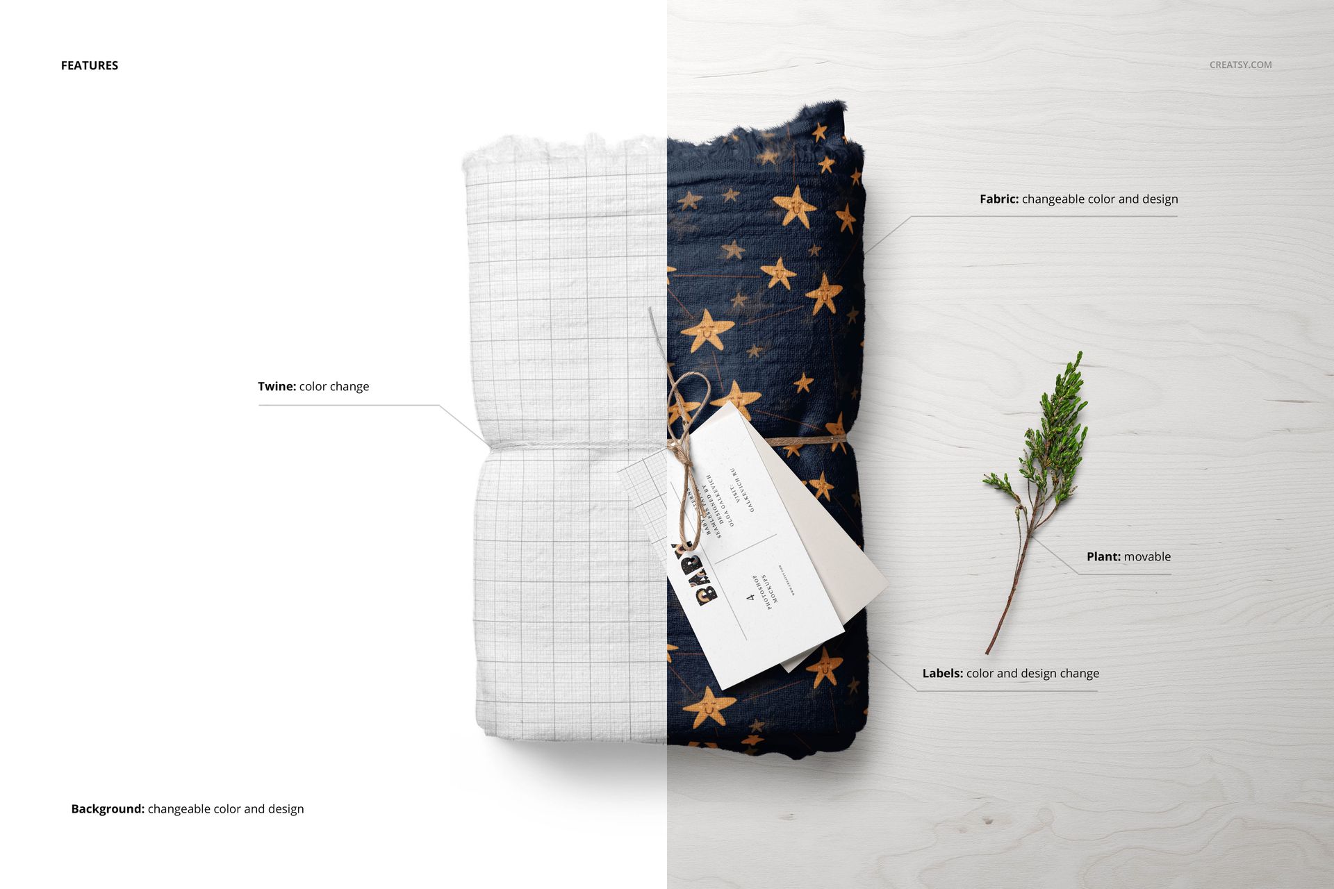 Muslin swaddle blanket mockup set shown from above, featuring a grid design and a star pattern, with labels and props.