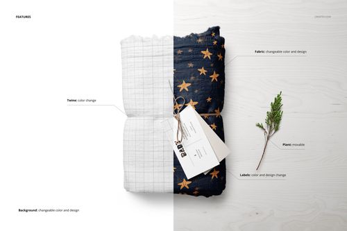 Muslin swaddle blanket mockup set shown from above, featuring a grid design and a star pattern, with labels and props.