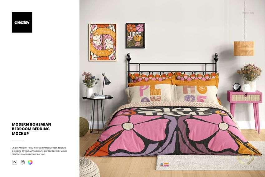 PSD mockup of a cozy bedroom with geometric and floral bedding, woven poufs, bedside tables, and bright decor elements.