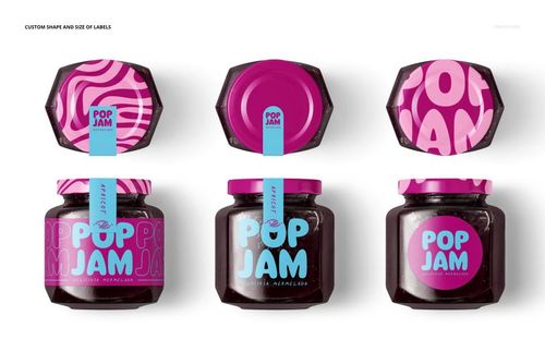 Front and top views of blackcurrant jam jars with bright pink and purple labels, shown in a PSD mockup format.