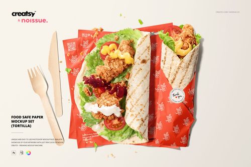 Close-up of tortilla wraps with crispy chicken, lettuce, and colorful sauces on red printed food paper mockup.