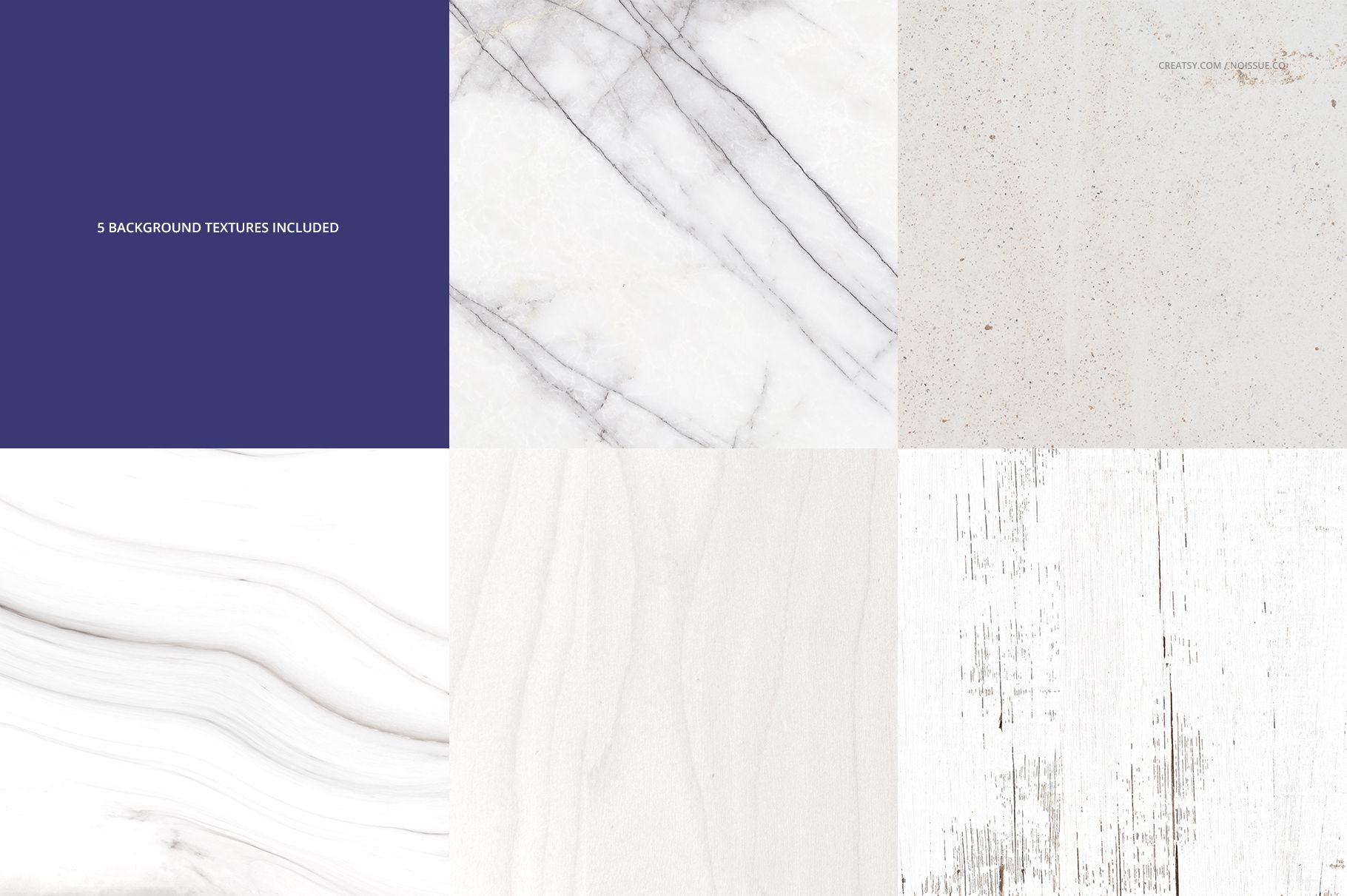Grid layout showing six different background textures, including marble, wood, stone, and solid color surfaces.