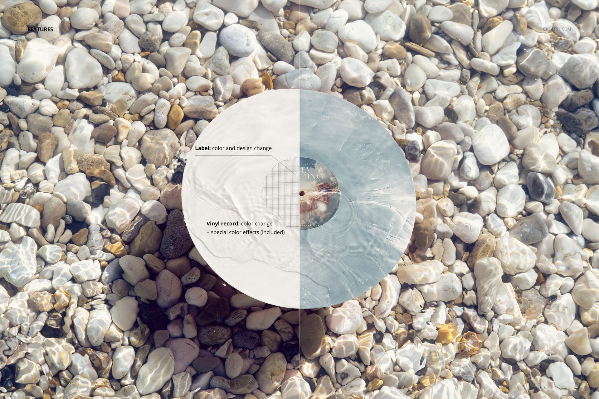 Vinyl record floating on clear Adriatic Sea water with visible pebbles beneath, top view mockup scene.