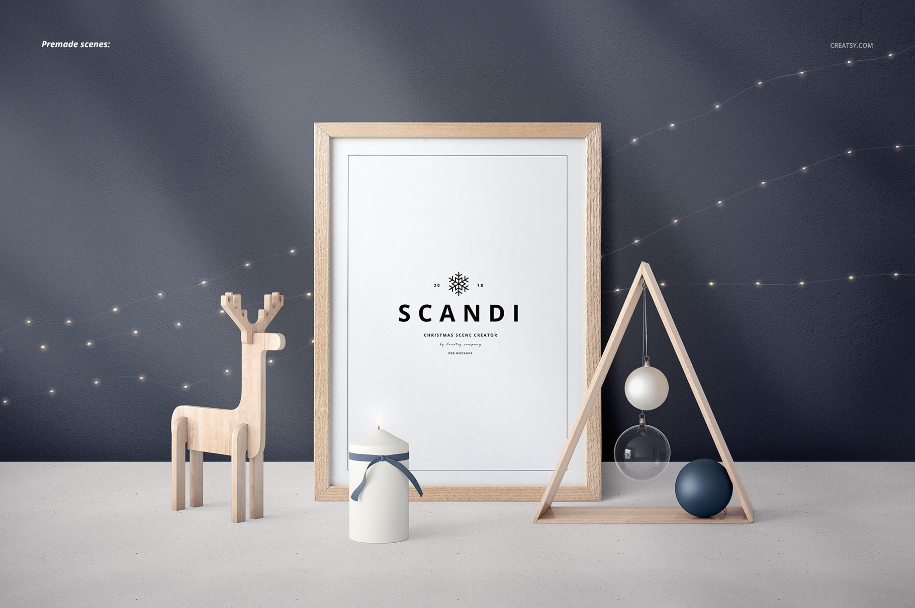 Front view of a SCANDI Christmas PSD mockup featuring a wooden reindeer, framed artwork, and festive ornaments.